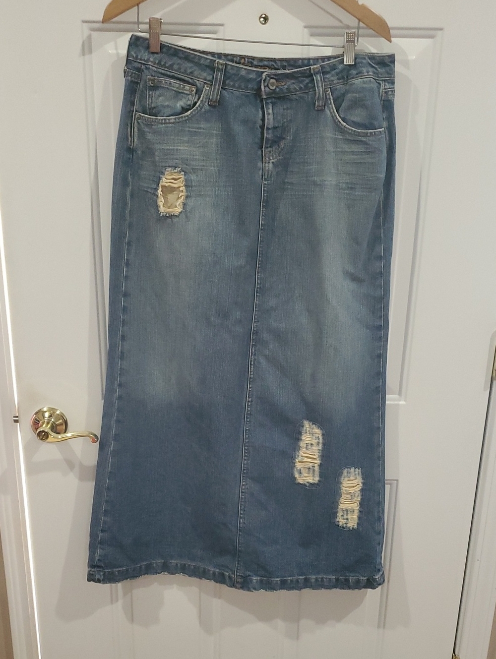 Hippie Distressed Light Blue Denim Maxi Skirt 36 Inch Length